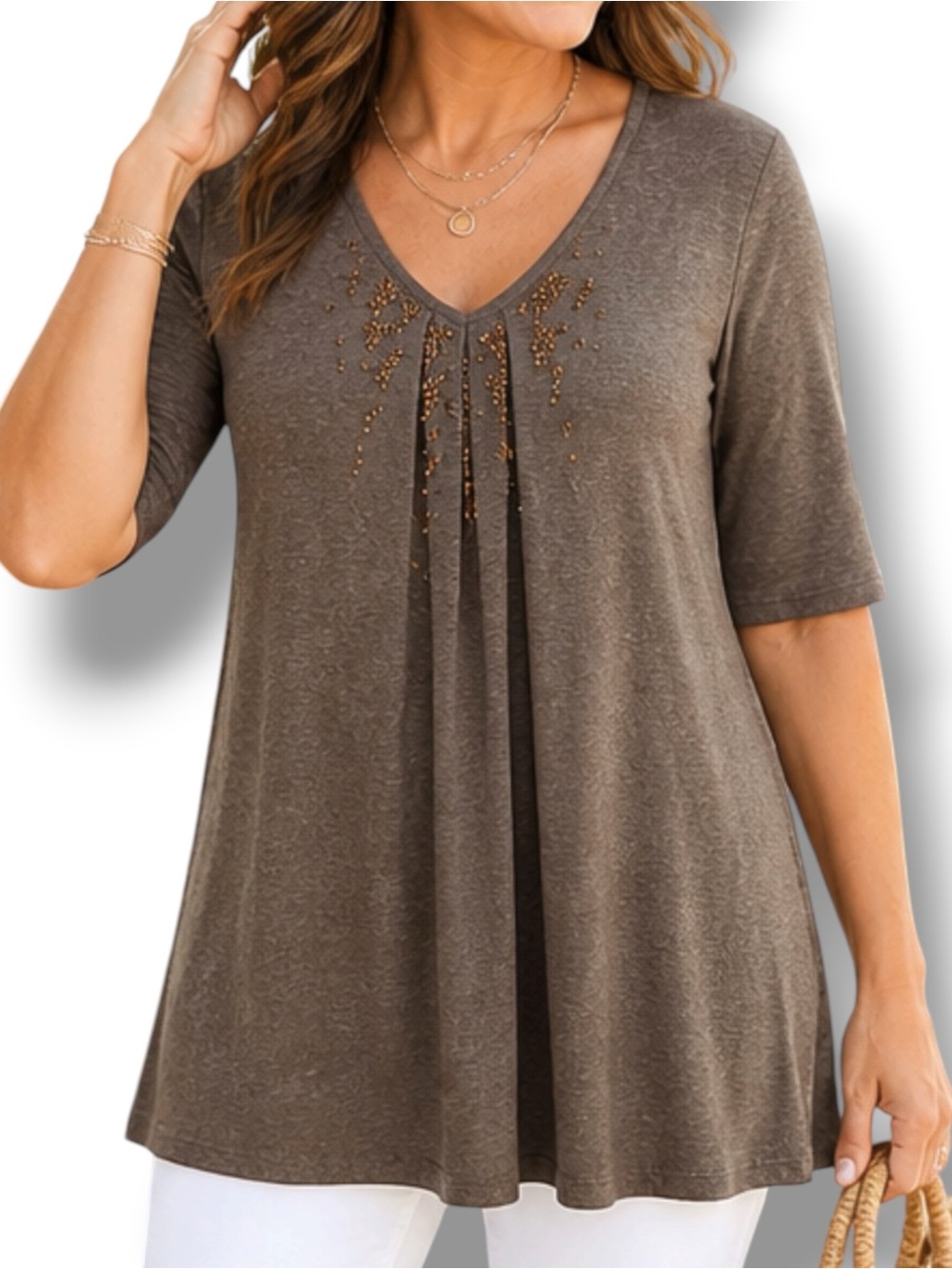 Eileen Fisher Tunic Top Mocha Brown V Neck Sequin Pleated 3/4 Sleeve L